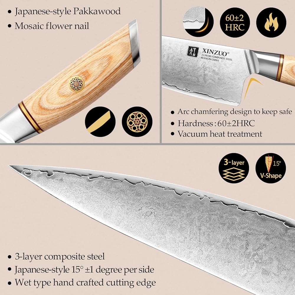 XINZUO 21.2cm Chef Knife 10Cr15CoMoV Steel Core Composite Steel, Professional Kitchen Cooking Knife 3 Layer Clad Steel Gyuto Knife, Stainless Sharp Sushi Knife - with Pakkawood Handle