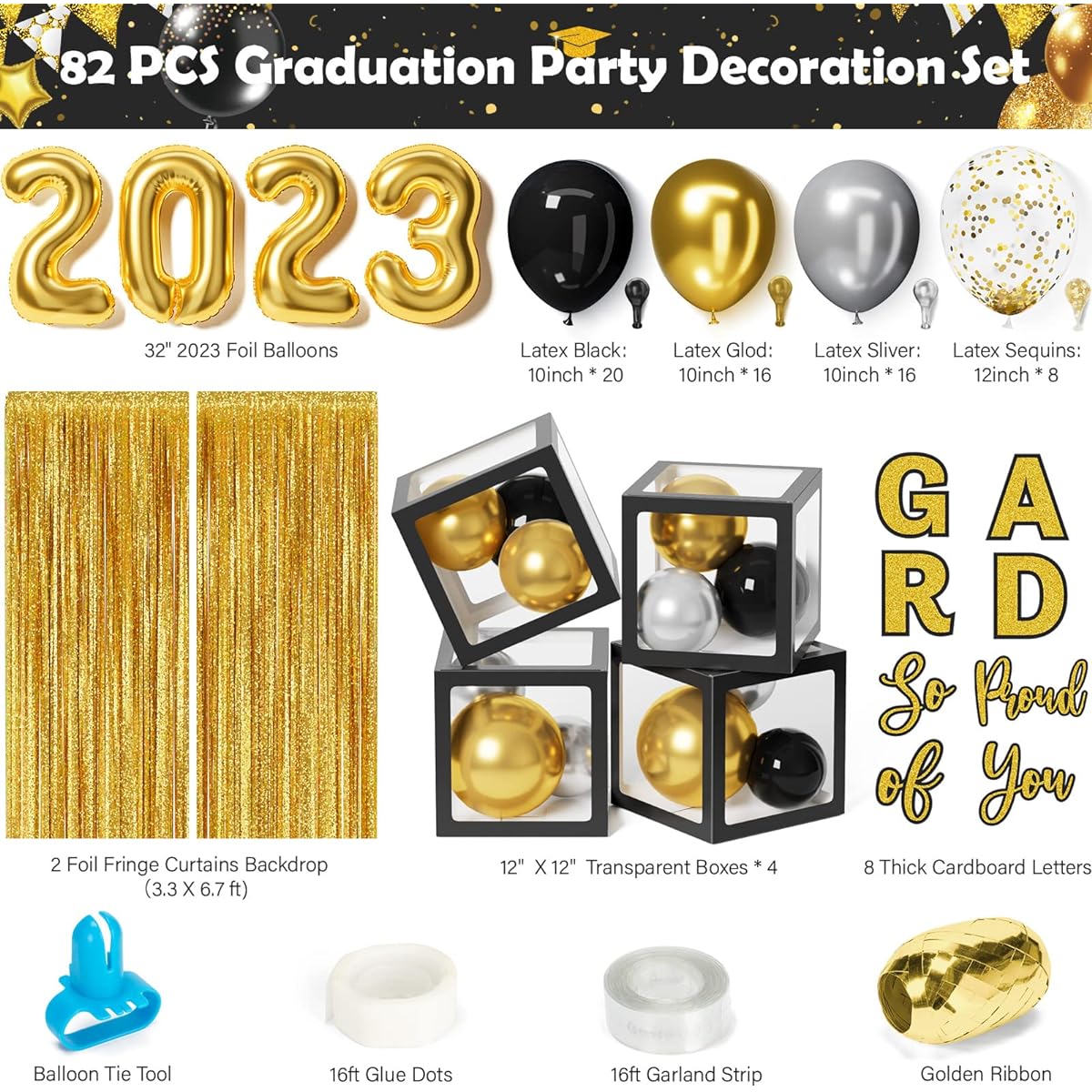 Ecomore Graduation Party Decorations Class 2023 82 Pieces College Graduation Party Supplies 2 Gold Foil Curtains 4 Graduation Balloon Boxes with Letters Balloon Garland Decoration Kit (Black & Gold)