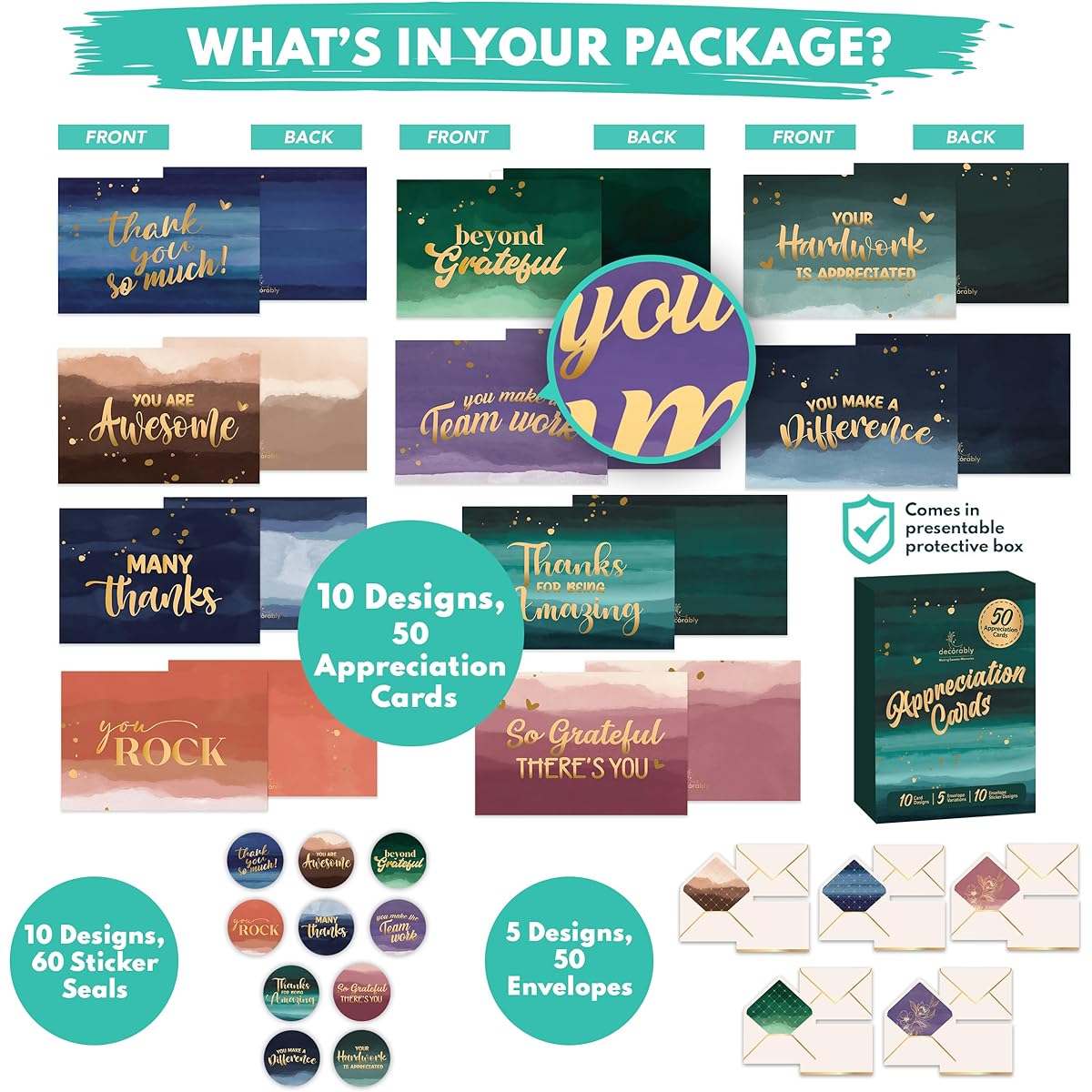 Gold Foil Watercolor Employee Appreciation Cards with Envelopes & Stickers, Pack of 50 - 10 Designs Blank Pastor Appreciation Cards Bulk, 6 x 4 Inch Appreciation Cards with Envelopes