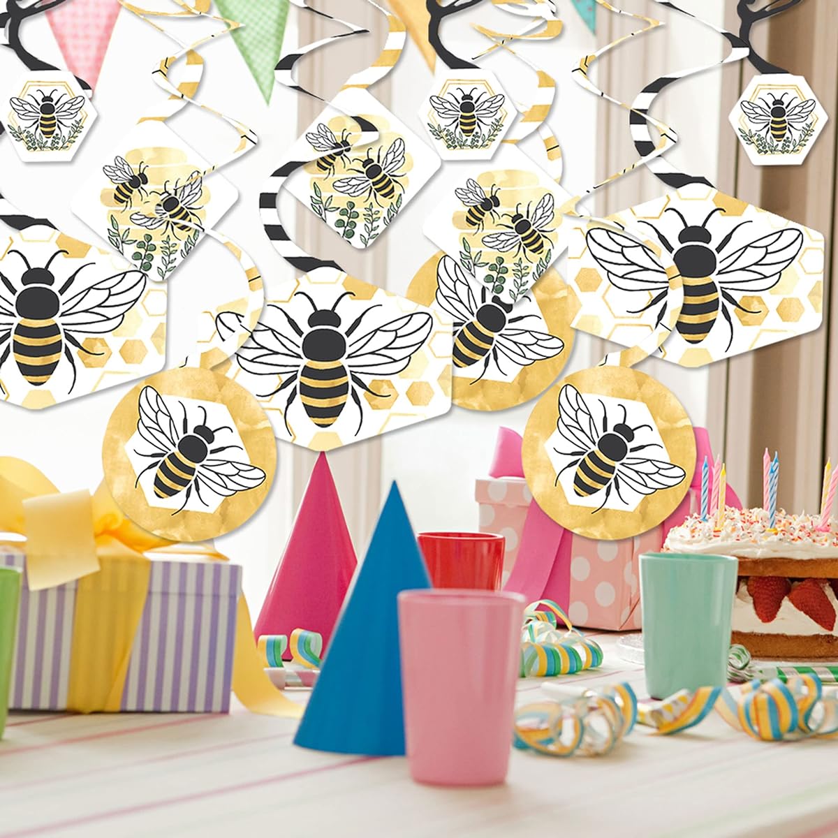 Big Dot of Happiness Little Bumblebee - Bee Baby Shower Birthday Party Hanging Decorations - Party Decoration Swirls - Set of 40