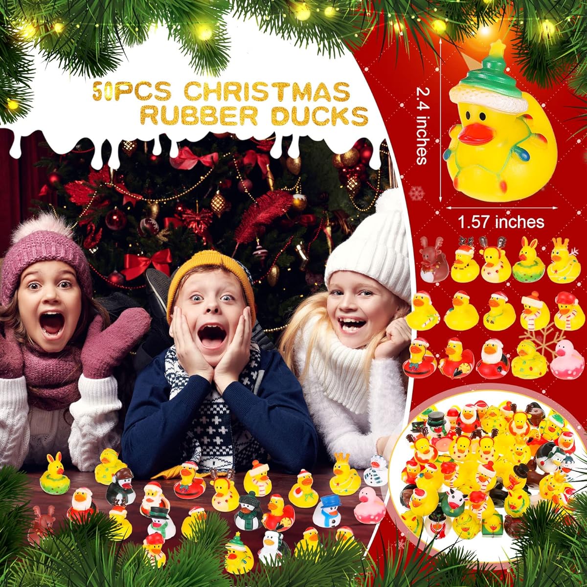 50pcs Christmas Rubber Ducks Bulk 26 Different Designs Mini Rubber Ducks Bath Toys Christmas Theme Novelty Ducks for Teens Christmas Party Supplies Gift Birthday Baby Shower Pool Party