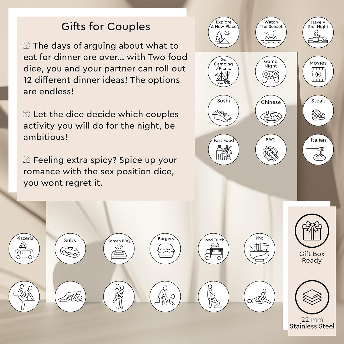 Date Night Dice (Set of 4), Couple Game Date Night Ideas and Food Decision Dice, Food Dice for Date Night Dice Game and Dinner Dice, Couple Gift Idea Date Night Game Dicey Date