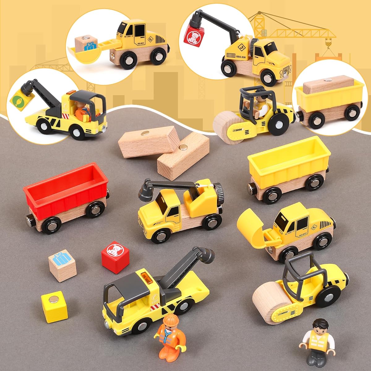 Atoylink 15pcs Wooden Construction Toys for Kids Magnetic Train/Gantry Crane Bulldozer Roller Tow Truck Construction Site Vehicles Playset Gift for 3 4 5 6 Years Old Toddler Boys