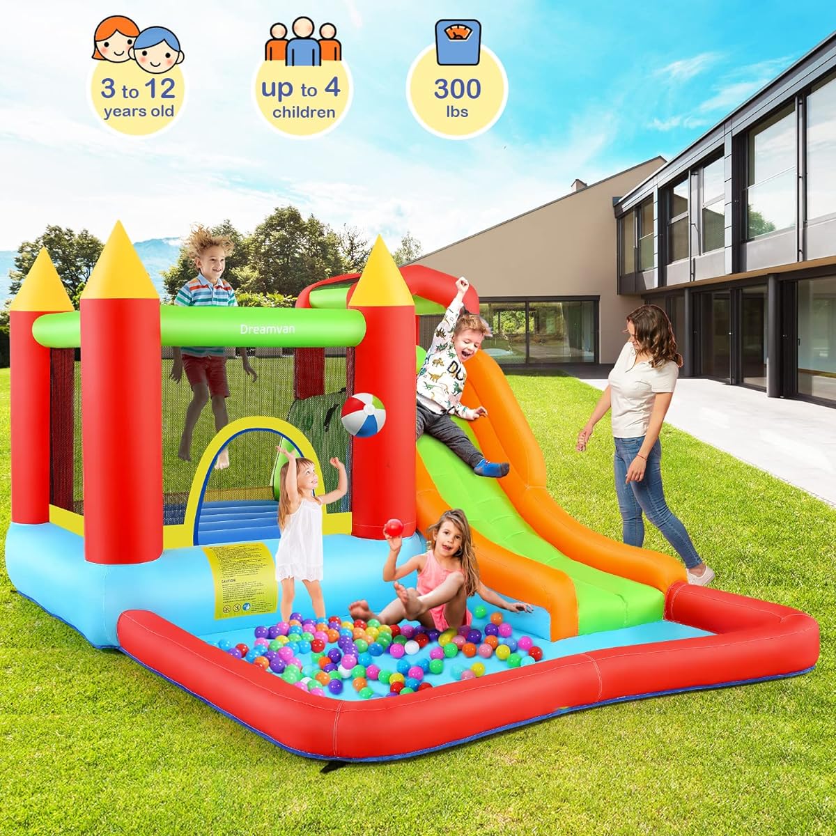 Inflatable Bounce House Outdoor/Indoor Jump Castle with Blower for Kids 3-12 Water Park Backyard with Jumping Area Long Slide Climbing Wall Ball Pit