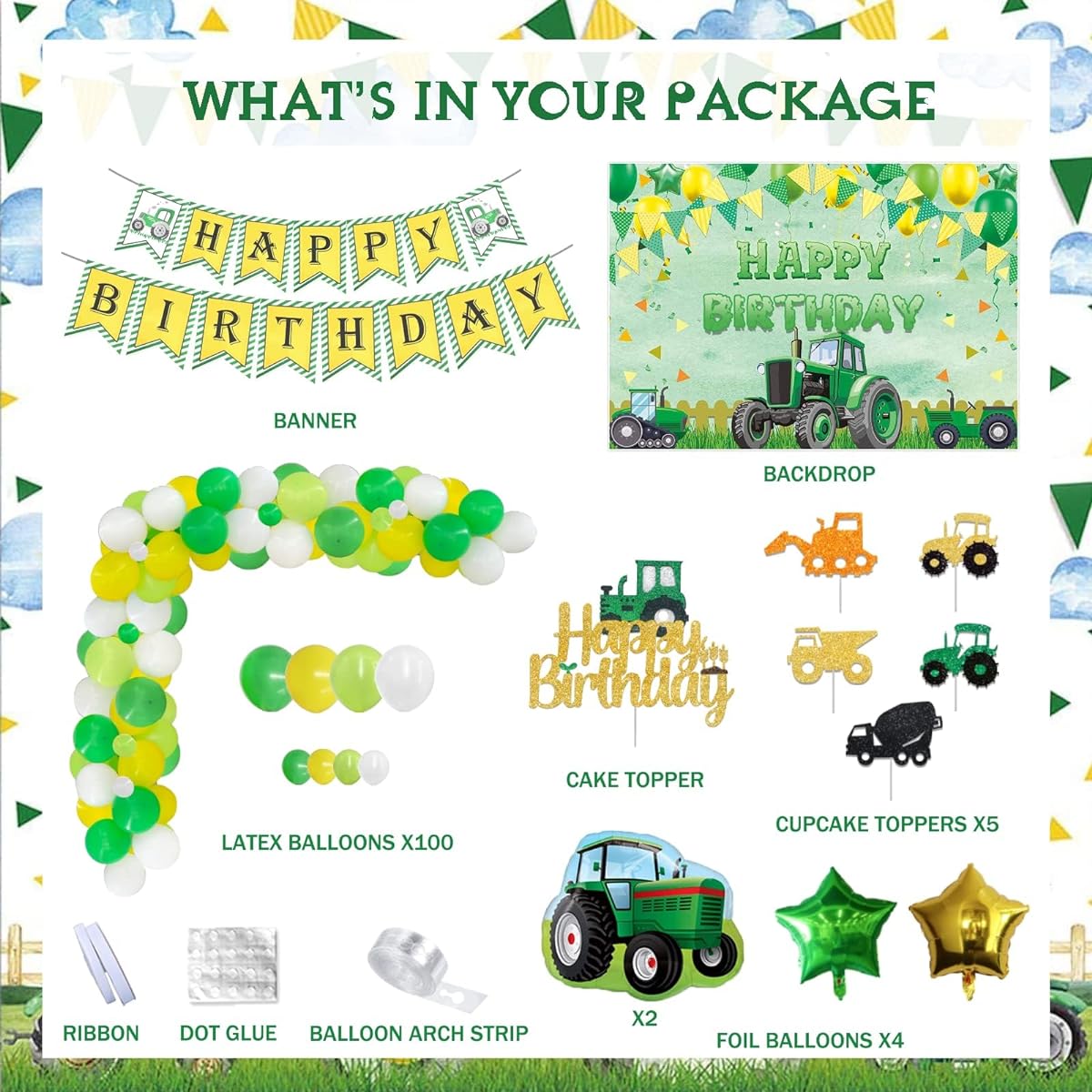 112 Pieces Tractor Birthday Party Decorations Hombae Farm Green Tractor Theme Birthday Decorations Backdrop Balloon Garland Arch Banner Cake Cupcake Topper Tractor Green Yellow