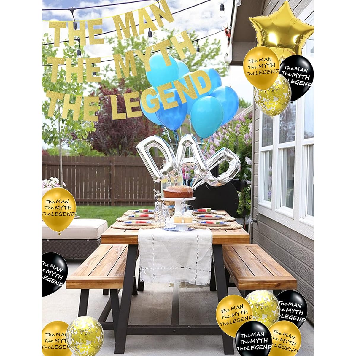 The Man The Myth The Legend Gold Glitter Banner with Star Foil Balloons for Husband/Father's Day Birthday Retirement Celebration Decoration