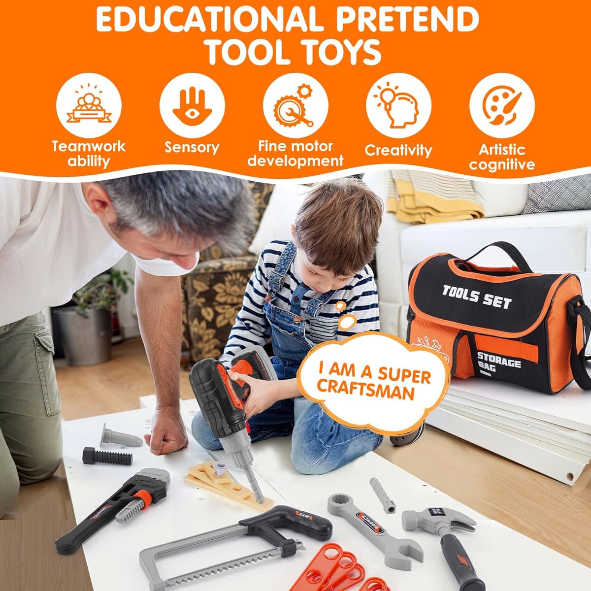 Tool Set for Kids - 48 Pieces Toddler Tool Set Toys Electronic Toy Drill with Tool Bag, Tool Belt & Tape Measure Pretend Play Kids Construction Tool Kit for Boys Kids Birthday Gifts Ages 3+