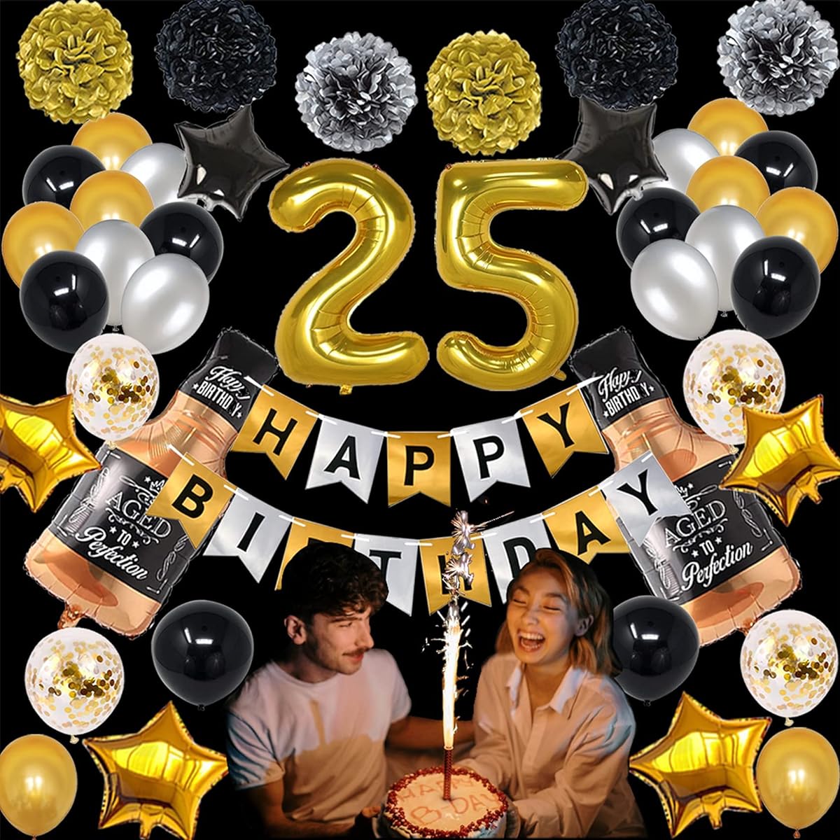 NANINUNENO 25th Birthday Decorations Gold Black Silver Happy Birthday Balloons for Boys Men Girls Women 25 Birthday Party Set with 25 Gold Number Balloons, Happy Birthday Banner and Whiskey
