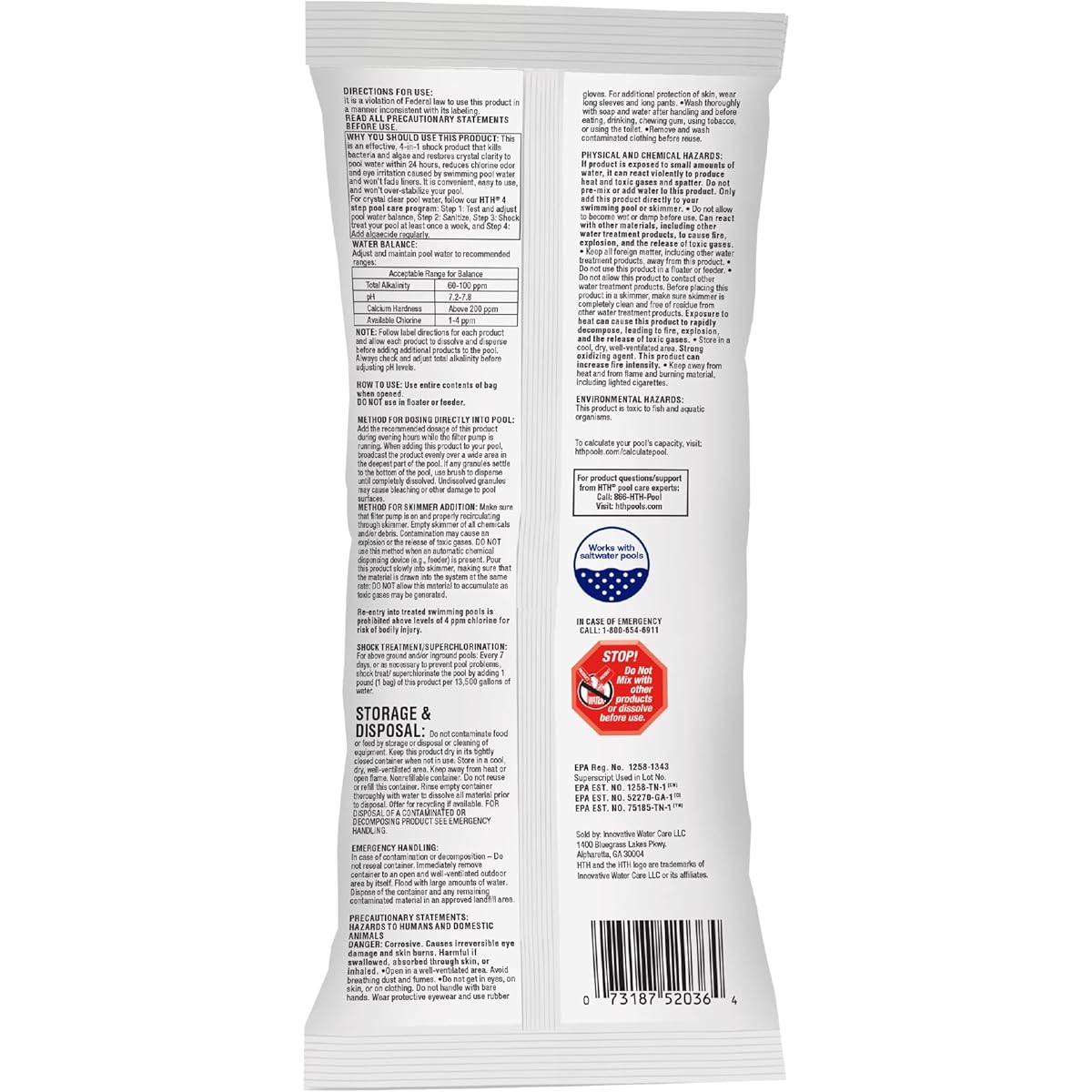 HTH 52031 Swimming Pool Care Shock, Swimming Pool Chlorinator Boosts Chlorine Levels, Cal Hypo Formula, 13.3oz