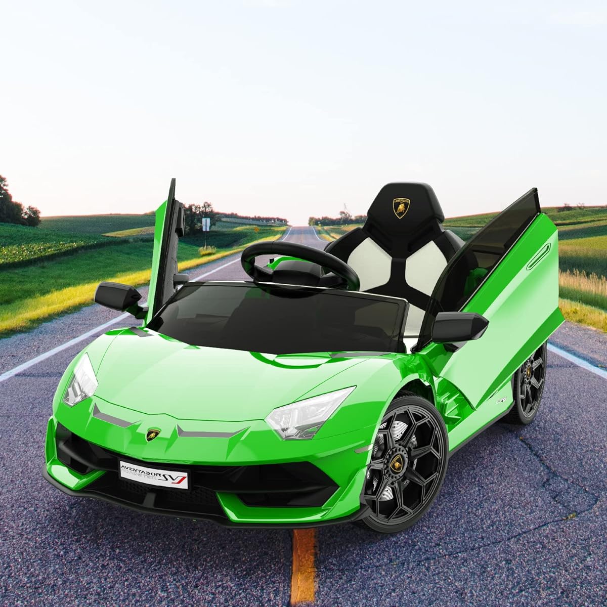 Hetoy Ride on Car for Kids 12V Licensed Lamborghini Electric Car Battery Powered Sports Car with Controls, 2 Speed, Sound System, LED Headlights, Hydraulic Doors