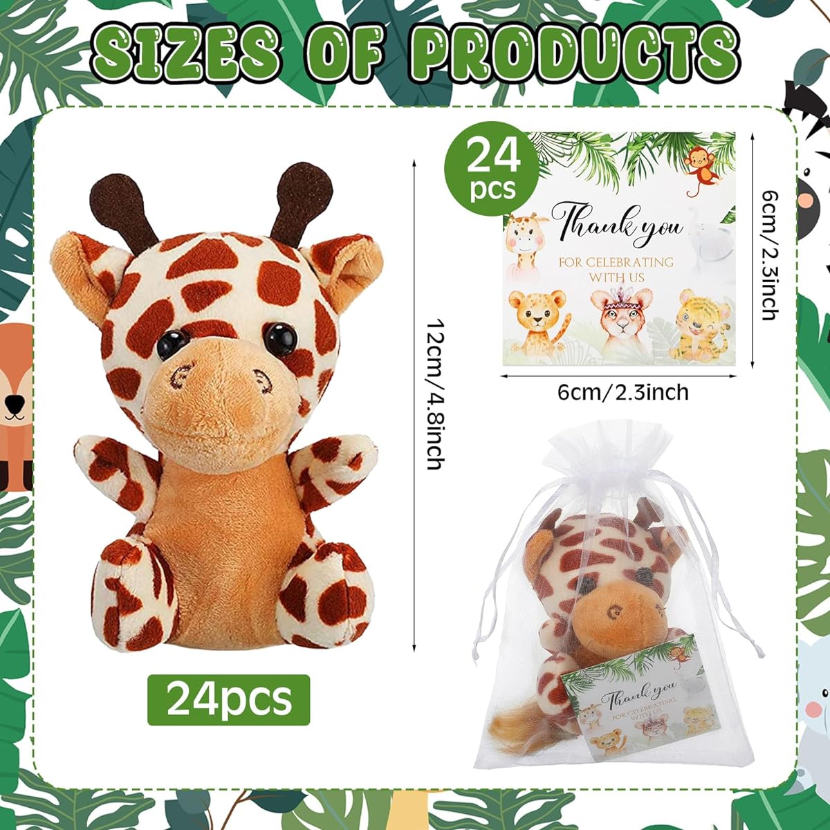 Wettarn 24 Pieces Forest Tiny Stuffed Animals Jungle Animals 3.9 Inch Giraffe Lion Elephant Cute Safari Animals Mini Plush Toys with White Organza Bags and Cards for Animal Themed Parties Teachers Students
