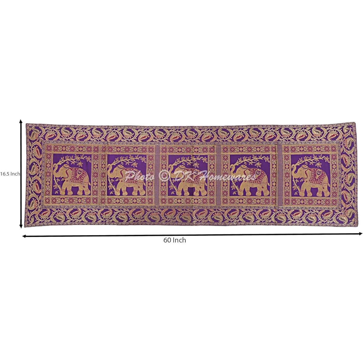 DK Homewares Indian Ethnic Centerpiece Birthday Party Coffee Table Decoration Purple Gold Brocade Satin 150 x 40 cm Jacquard Elephant Floral 5 ft Table Runner (60 x 16 Inch)
