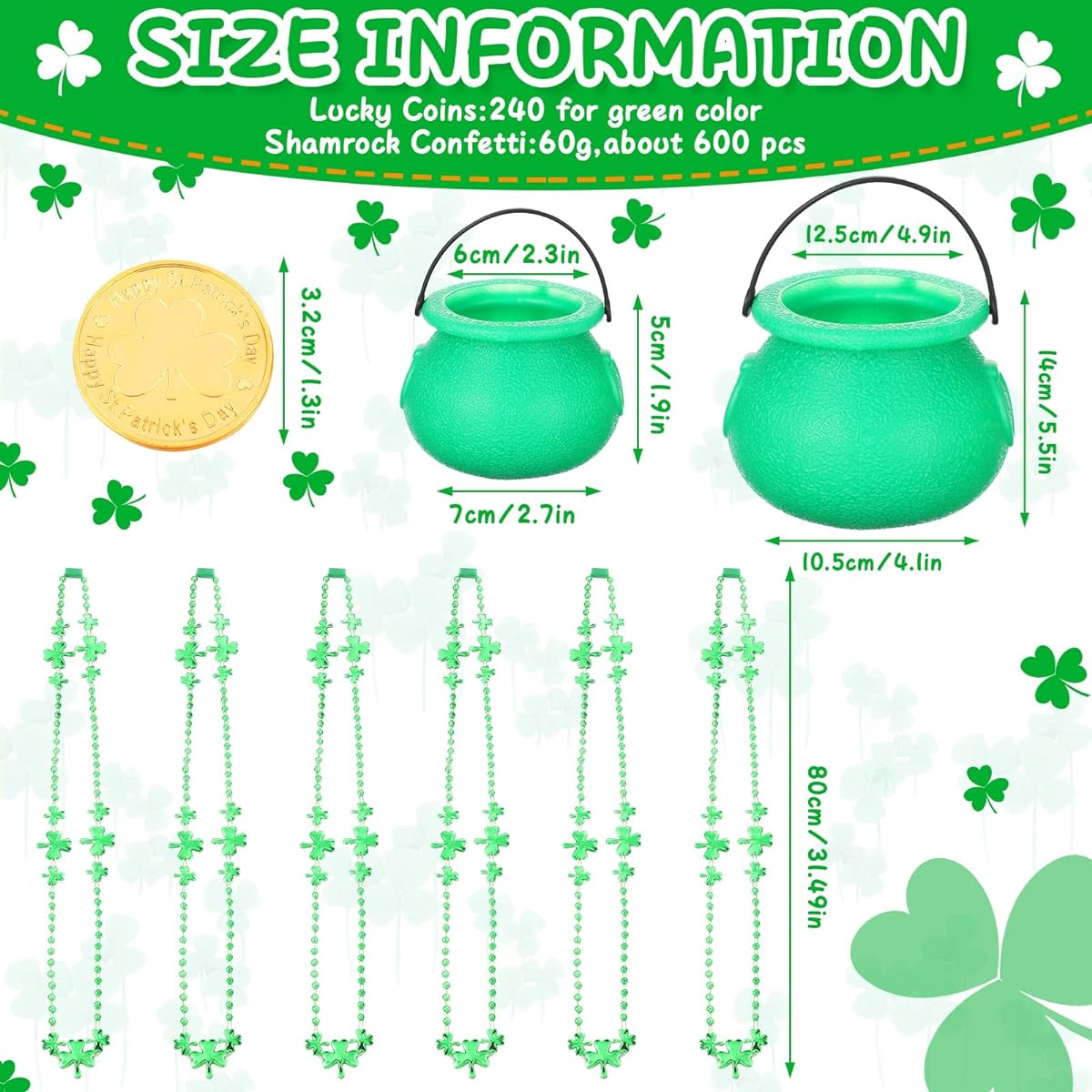 326pcs St. Patrick's Day Decorations - 200pcs Green and Gold Lucky Shamrock Plastic Coins, 144pcs Shamrock and Leprechaun Confetti, 6pcs Green Candy Kettles, 6pcs Bead Necklaces for Irish St. Patrick's Day