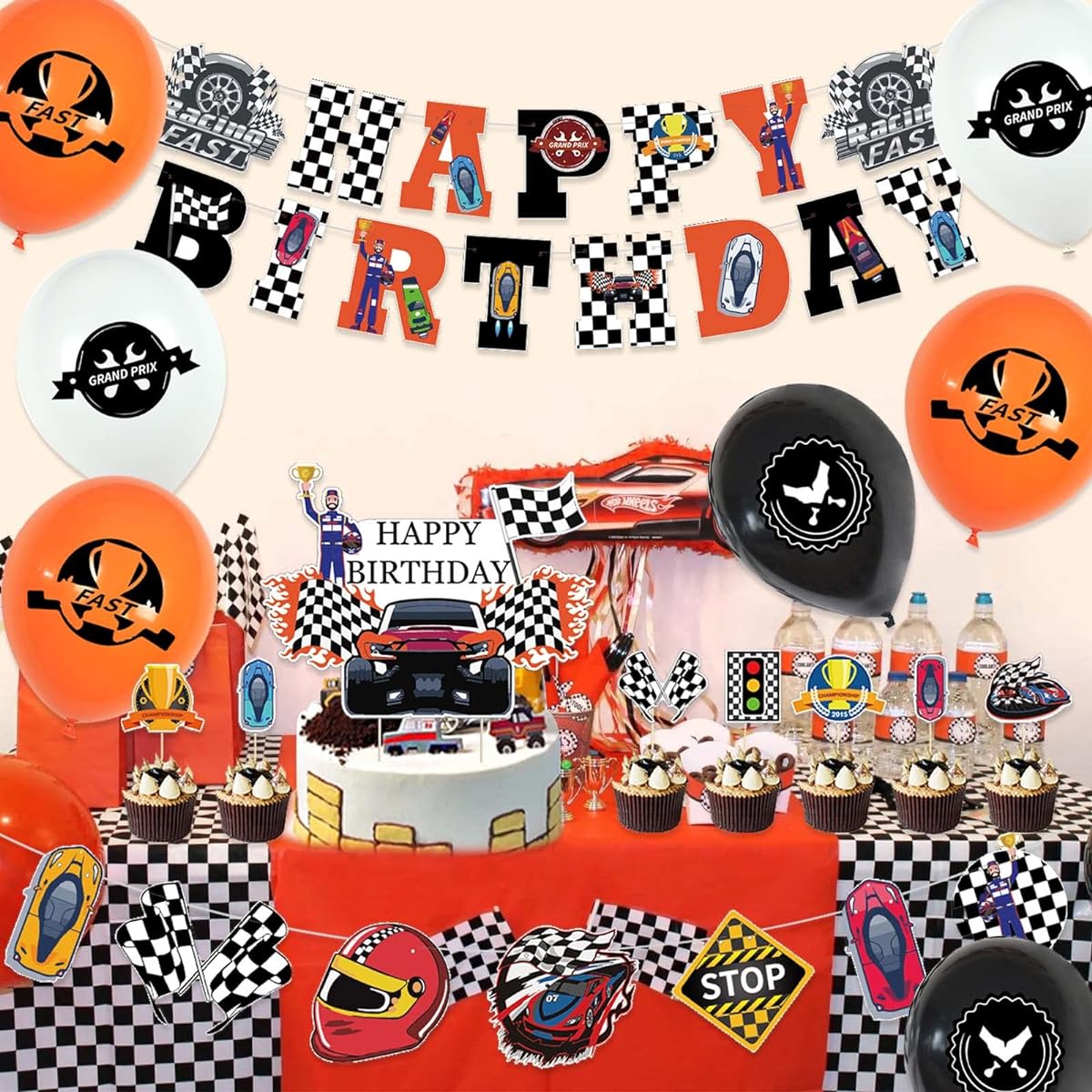 Race Car Birthday Party Decorations Set, Happy Birthday Banner, Racing Car Garland, Cake Cupcake Toppers, Race Car Latex Balloons for Boys Birthday Let'S Go Racing Party Supplies