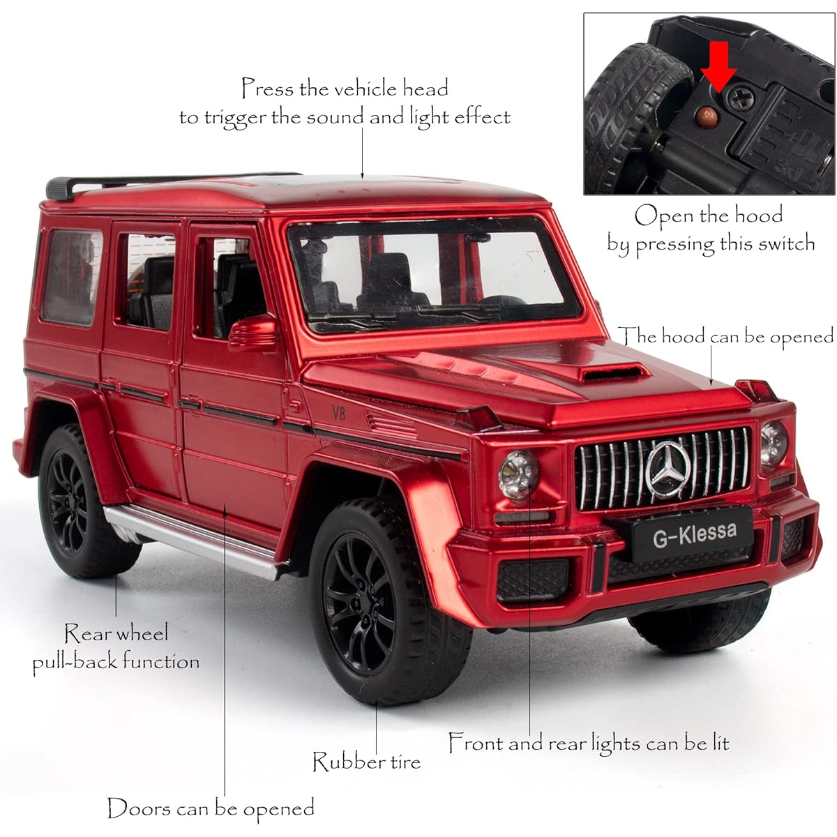 iLooboo Alloy Collectible Red Benz G63 AMG Toy Car Pull Back Diecast Car Model with Lights and Sounds