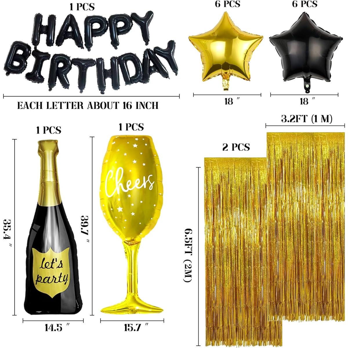 Black Gold Birthday Decorations for Women Men 29pcs Black Gold Star Balloons Foil Fringe Curtain Wine Balloons Boys Birthday Balloon Kit for 21st 25th 27th 30th 35th 40th 50th 60th Birthday Decorations