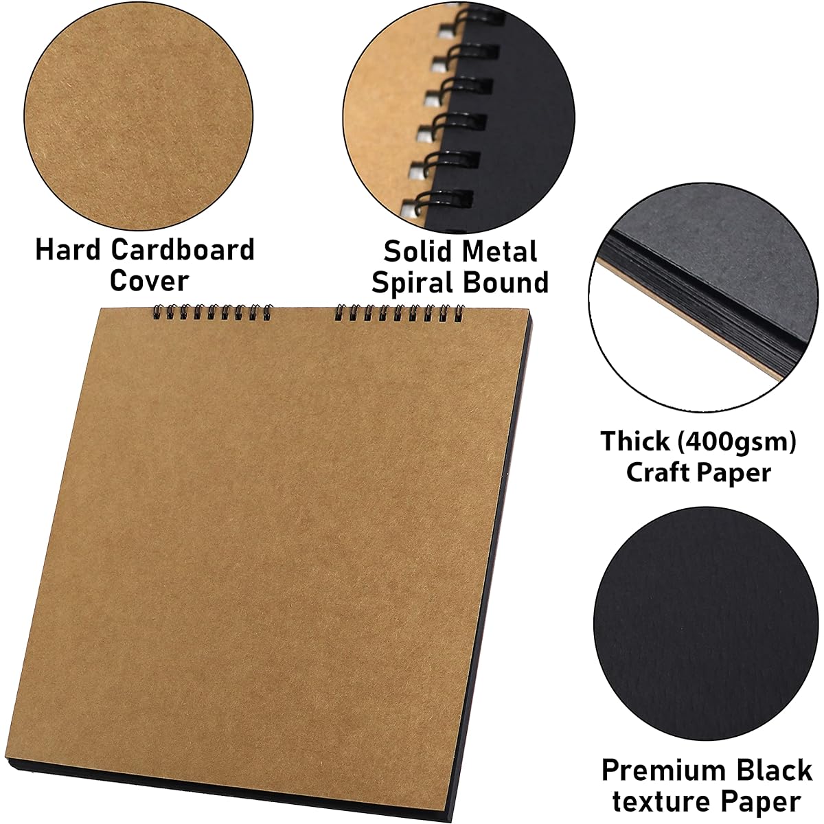 Laker 10" x 10" Black Sketchbook, 400GSM Heavyweight Paper, Wirebound Hardboard Cover, Acid Free, 12 Sheets