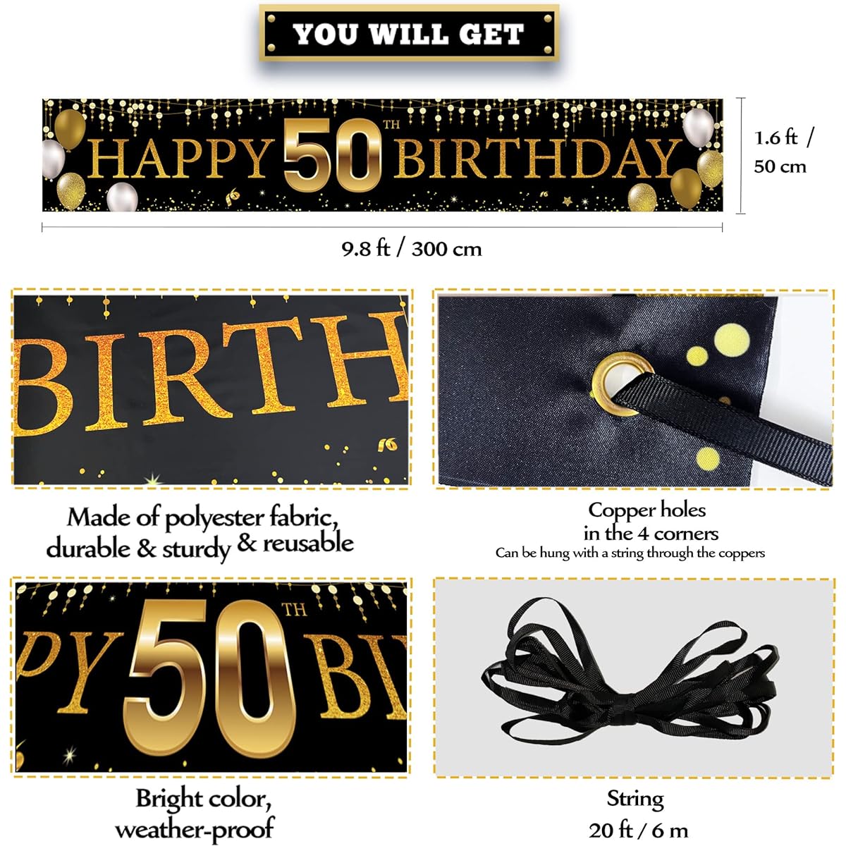50th Birthday Decorations Yard Banner Happy 50th Birthday Decorations for Men Women Black Gold 50th Birthday Party Sign Backdrop Decoration Outdoor Indoor Fabric Sturdy Vicycaty