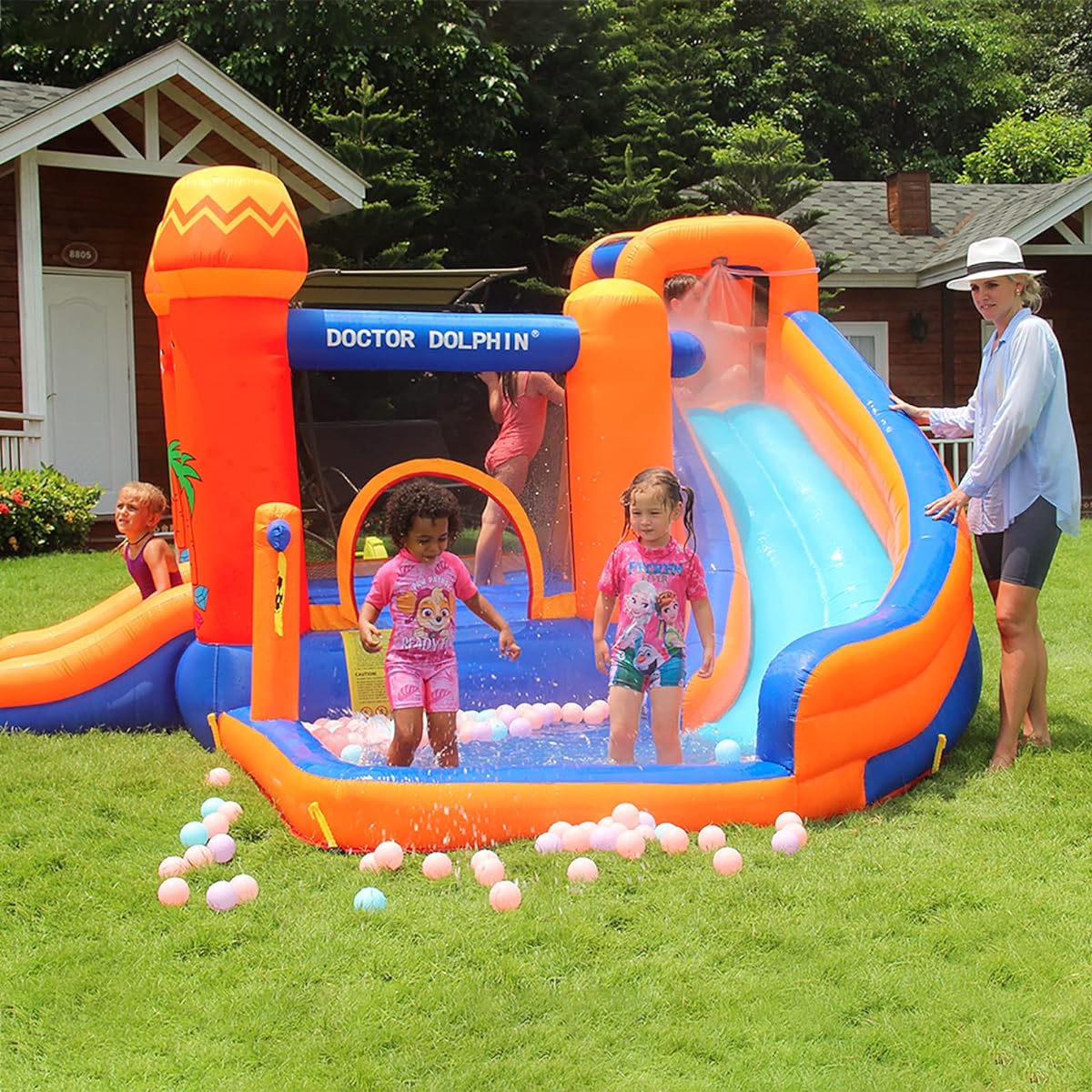 Doctor Dolphin Inflatable Water Slide, Toddler Bouncy House with Blower, Water Bounce House for Wet & Dry with Splash Pool, Bouncy House Water Park for Kids Outdoor