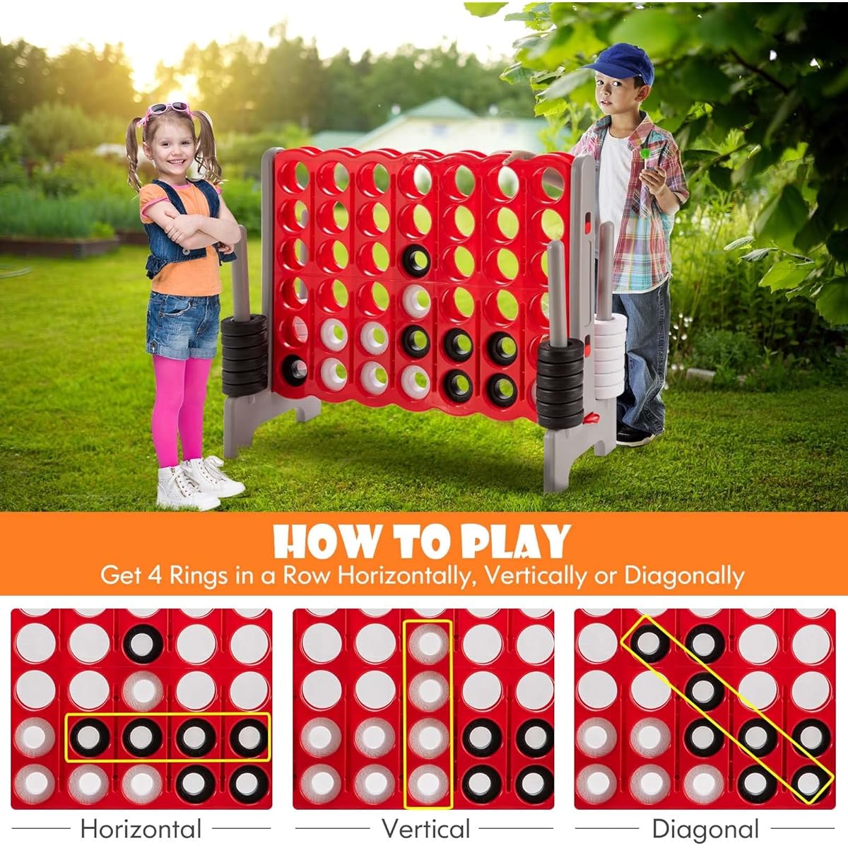 KOTEK Giant 4 Inch Side-by-Side Game, 3.5 Feet Tall, Jumbo 4 Score Family Fun Game with Quick Release Slider & 42 Large Rings, Extra Large Connect Plastic Yard Game for Kids & Adults (Brown+Red)