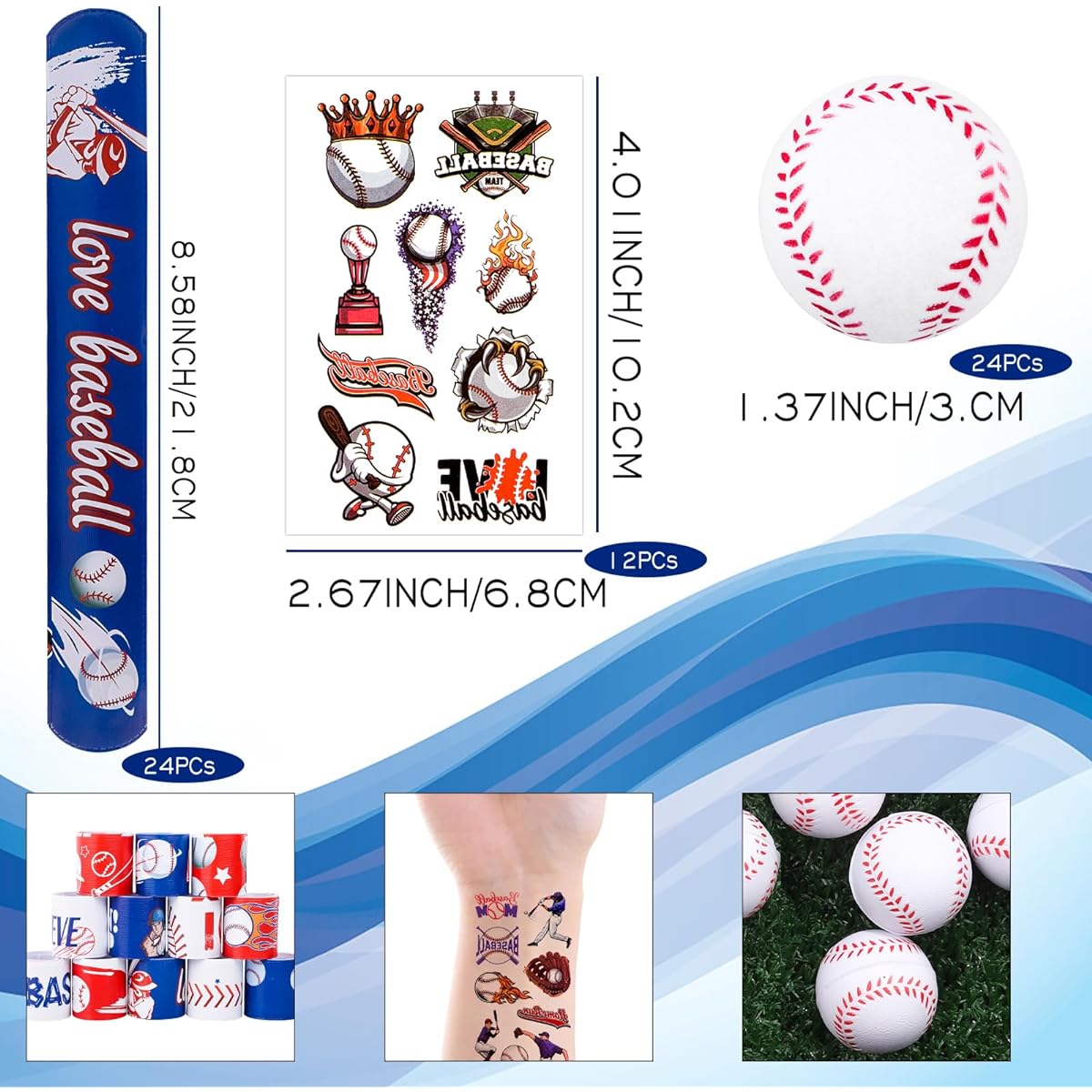 CHRIMISS 60pcs Baseball Party Favors Mini Foam Balls Baseball Tattoo Slap Bracelets Baseball Theme Birthday Party Supplies Baseball Goodie Bag Fillers