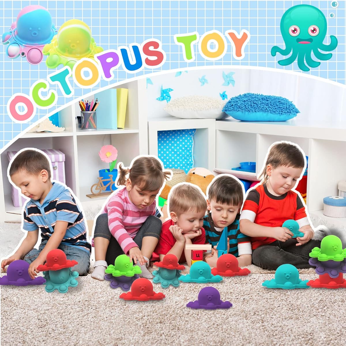 Spectabilis Octopus Pop Fidget Toys, 2 Pack, Sensory Squeeze Toys, Flip to Relieve Anxiety, Cute Pop Keychains, Baby Bathtub Toys for Boys, Kids, Adults, Blue & Green