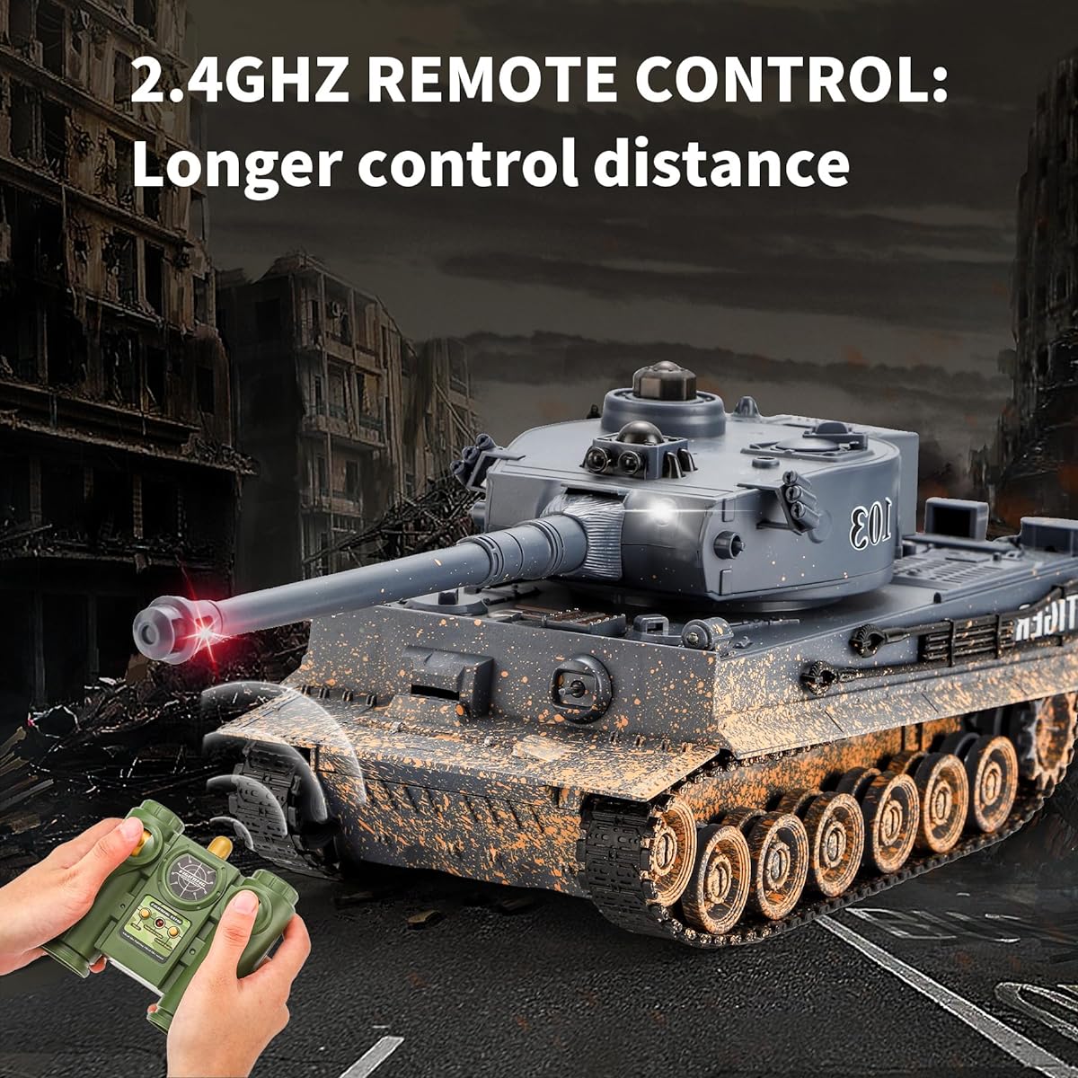 KIOMTRK 1:28 RC Tank Toys for Boys 9 Channel Remote Control Vehicle with Sound and Light RC Military Toys for Kids