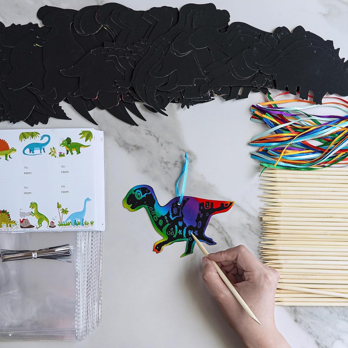 Winlyn 48 Sets 12 Styles Magic Color Scratch Dinosaur Ornaments Craft Kit DIY Rainbow Scratch Paper Art Set Dinosaur Crafts with Scratch Tools Ribbons for Kids Classroom Activities Party Favors