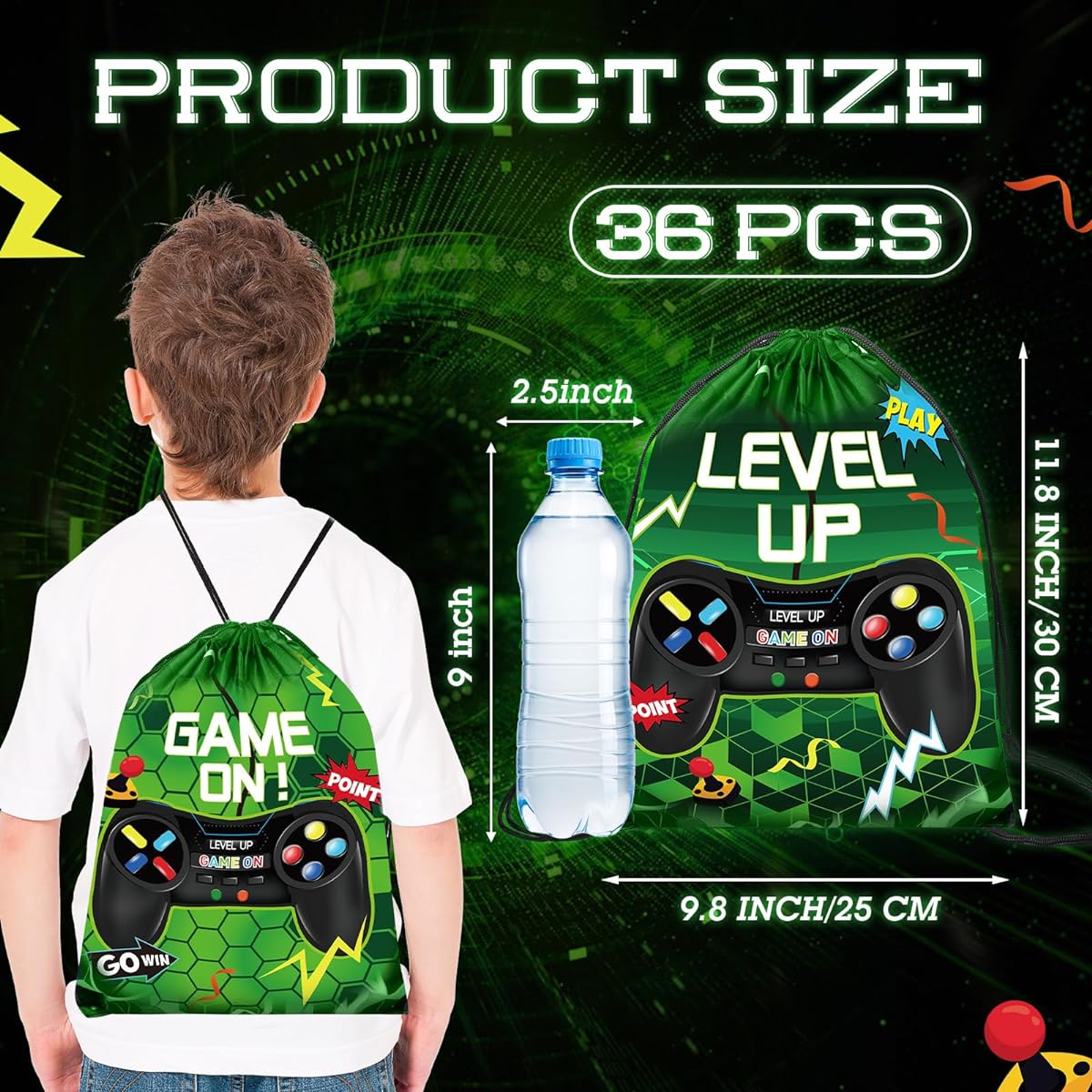Eccliy 20 Pack Video Game Party Drawstring Bags 12 x 10 Inch Video Game Party Favors Video Game Goodie Bags for Gaming Party (Green, Fresh Style)