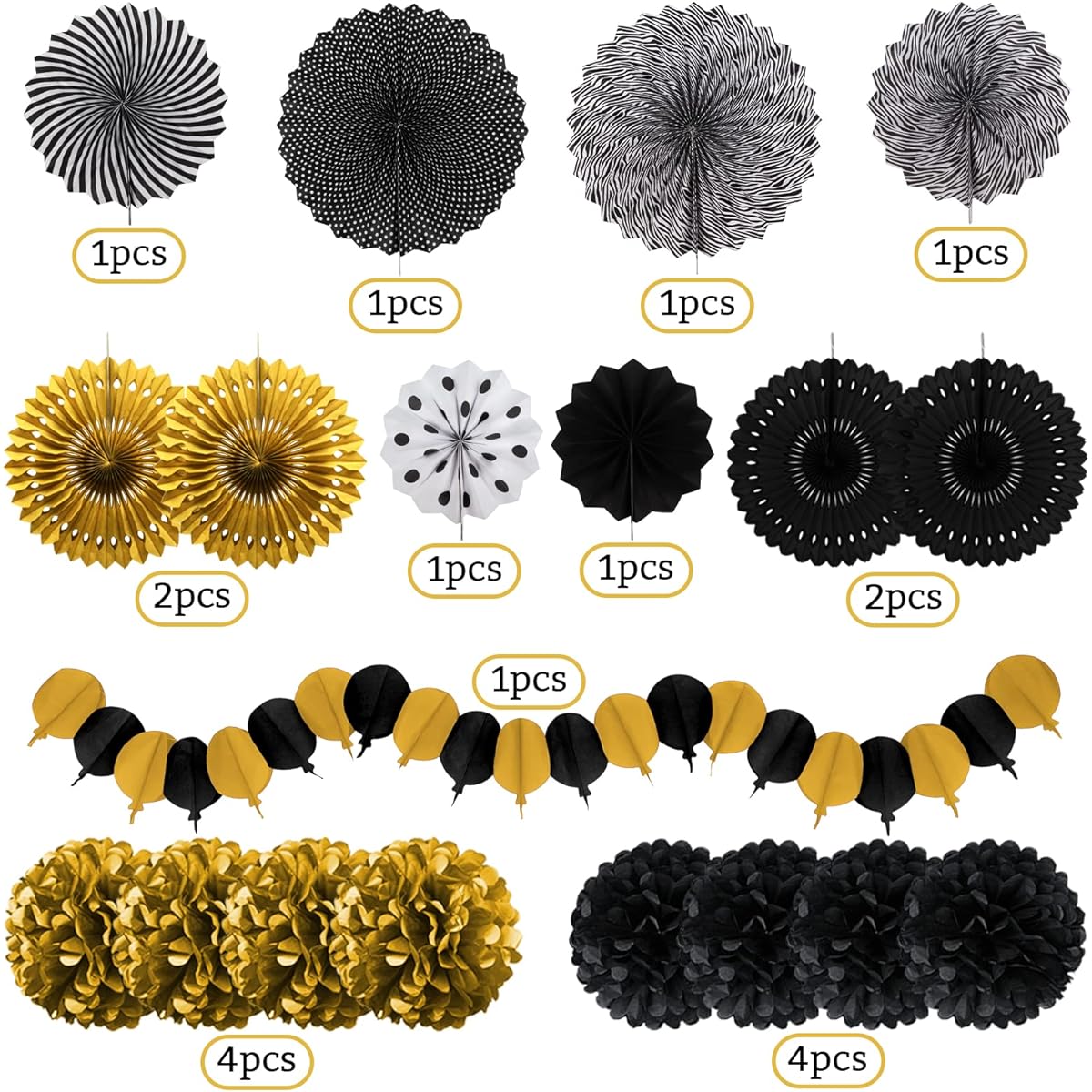 Recosis Black and Gold Decor Paper Pom Pom Fan for Graduation Birthday Wedding Prom Night New Year Black and Gold Party Decorations
