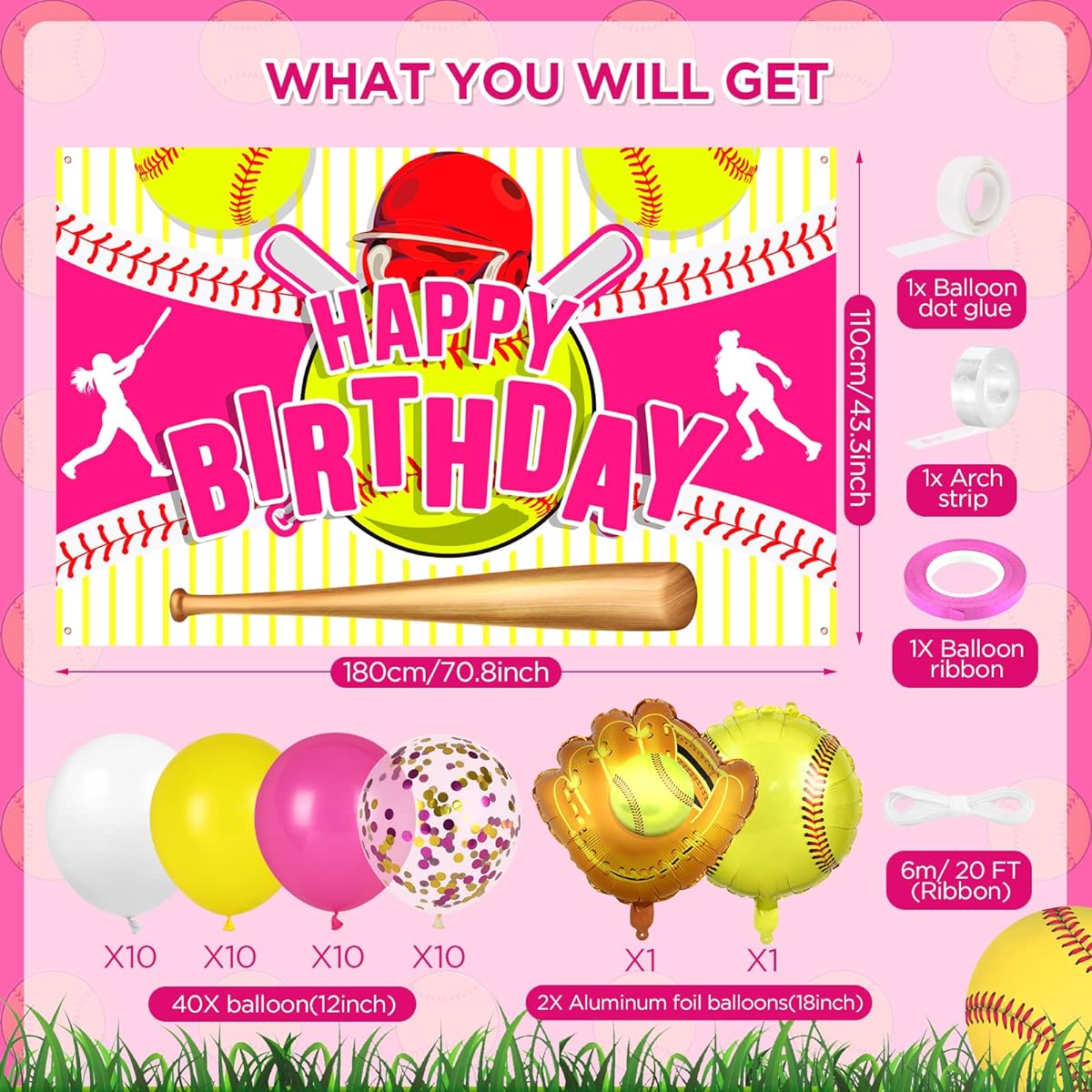 43pcs Softball Birthday Party Decorations, Large Softball Happy Birthday Banner and 42pcs Softball Party Balloons Garland Kit for Girls Kids Teens Sports Theme Christmas Holiday Birthday Party Supplies