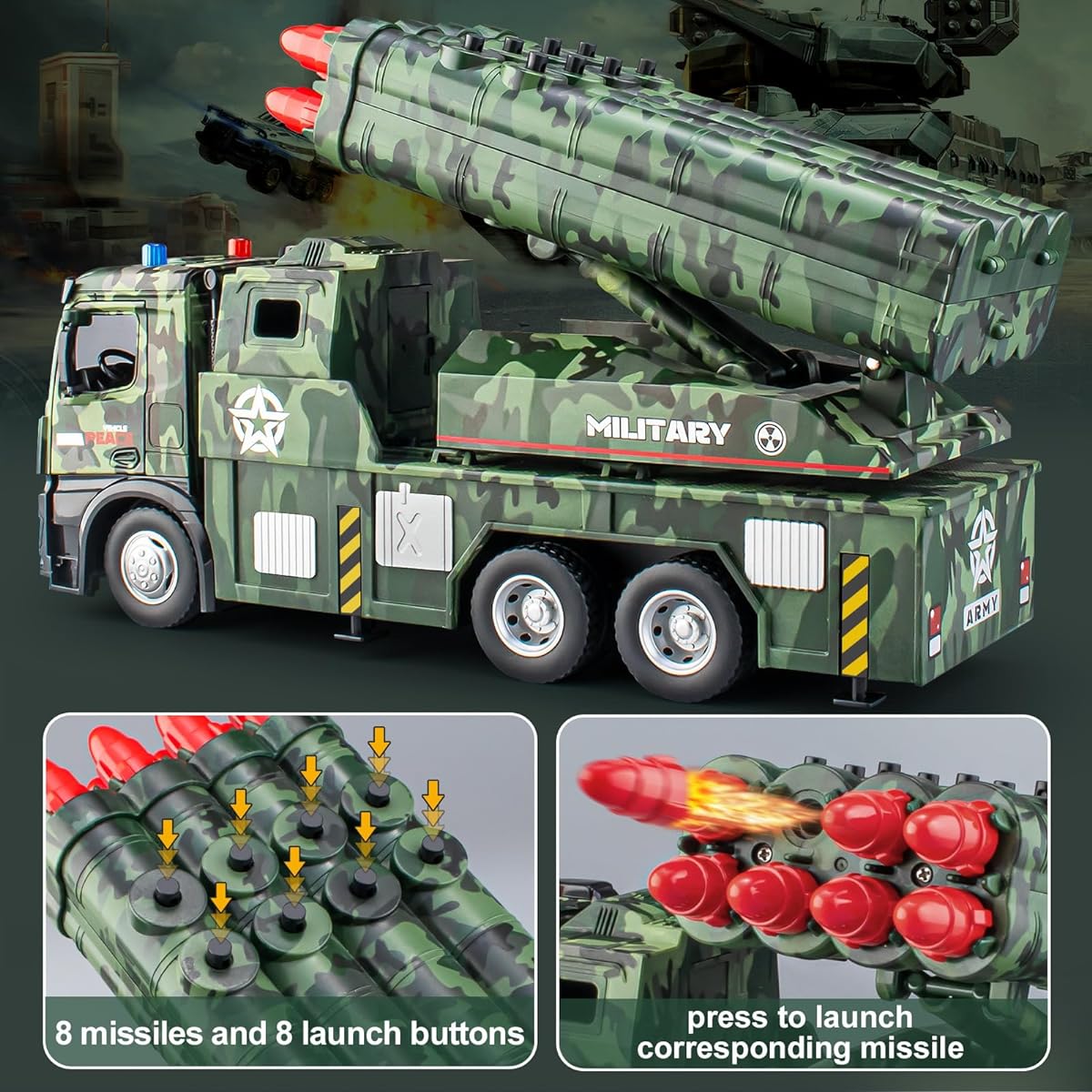 HAPYAD Army Toy for Boys Ages 4-7 - Military Vehicle Toy with Metal Cab with Missile Launcher - Friction Powered Army Toy Military Truck with 8 Missiles, Lights and Sounds.
