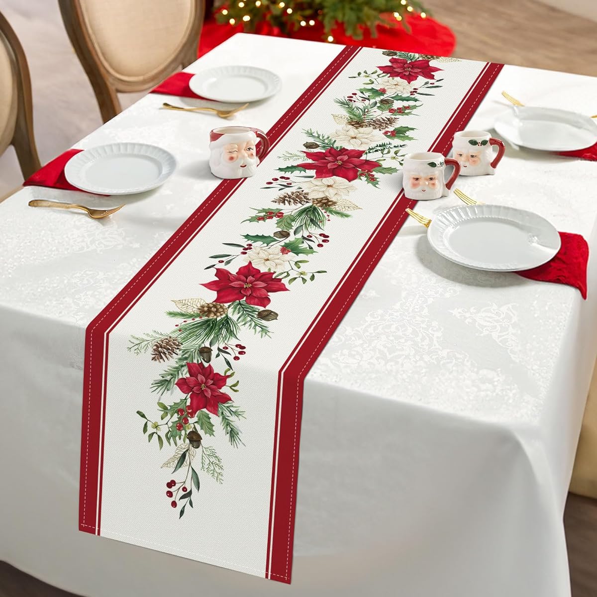 Bonhause Christmas Poinsettia Table Runner 13x90 Inch Red Floral Pine Branch Seasonal Winter Holiday Kitchen Dining Table Decor Indoor Outdoor Home Party Decor