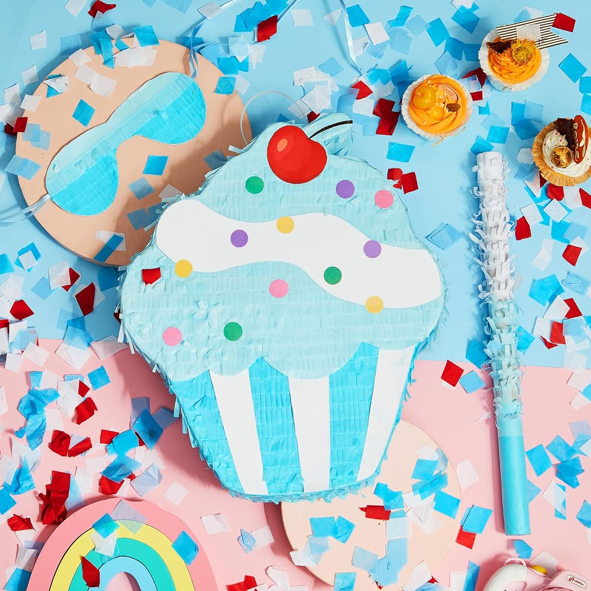 15.7 Inch Cupcake Pinata Birthday Party Supplies with Stick Blindfold and Confetti for Kids Girls Baby Shower Candy Donut Ice Cream Pinata Party Supplies Hawaii Party Decoration Props (Adorable)
