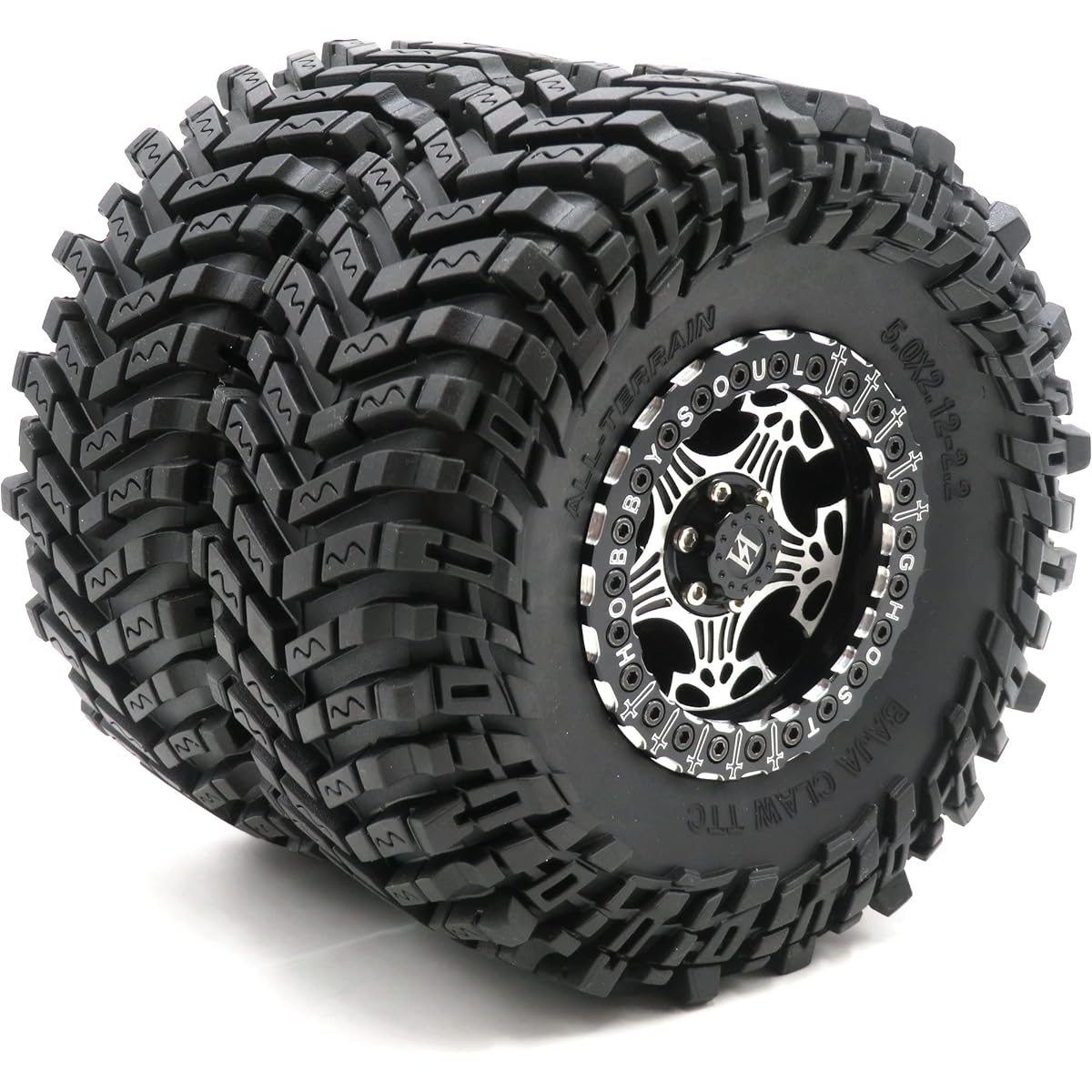 HOBBYSOUL RC 2.2 Tires 127mm/5.0inch Height Tires & Aluminum Ghost 2.2 Beadlock Wheel Rims Black/Silver Color for RC Mud Crawler All Terrain TRX4 Gen8 Capra Wraith (Assembled)