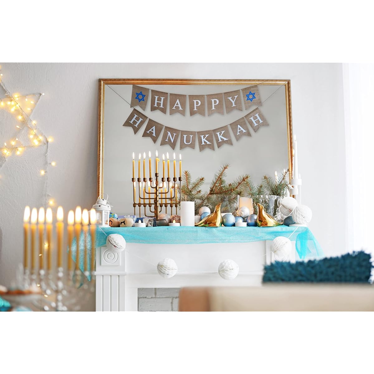 Jolly Jon Happy Hanukkah Banner Hanukkah Decorations Judaica Burlap Party Garland Bunting Ready to Hang Hanukkah Garland Celebration Decor Photo Props Backdrop