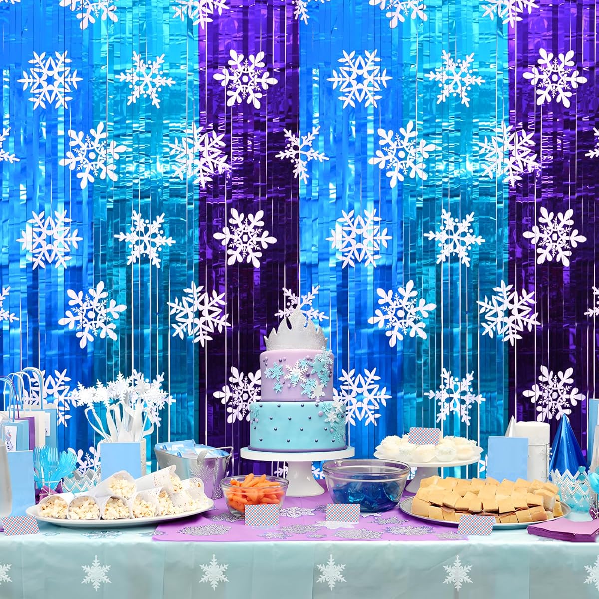 Bupelo Frozen Birthday Party Supplies, 2 Pack Frozen Party Decorations 3.3x6.6ft Tinsel Foil Fringe Curtains,Winter Photo Booth Props Backdrop Streamers,Snowflake Birthday Decor,Party Decorations for Girls