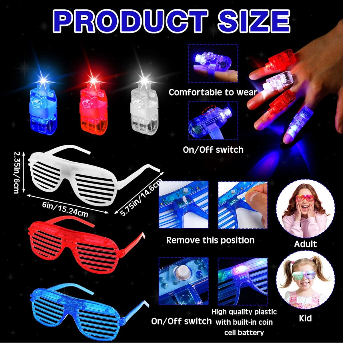 Umigy 60pcs Patriotic Party Supplies Glow in the Dark Party Favors, 12 LED Glasses, 12 LED Light Up Necklaces, LED Finger Lights for 4th of July Celebration, Independence Day, Memorial Day Decorations