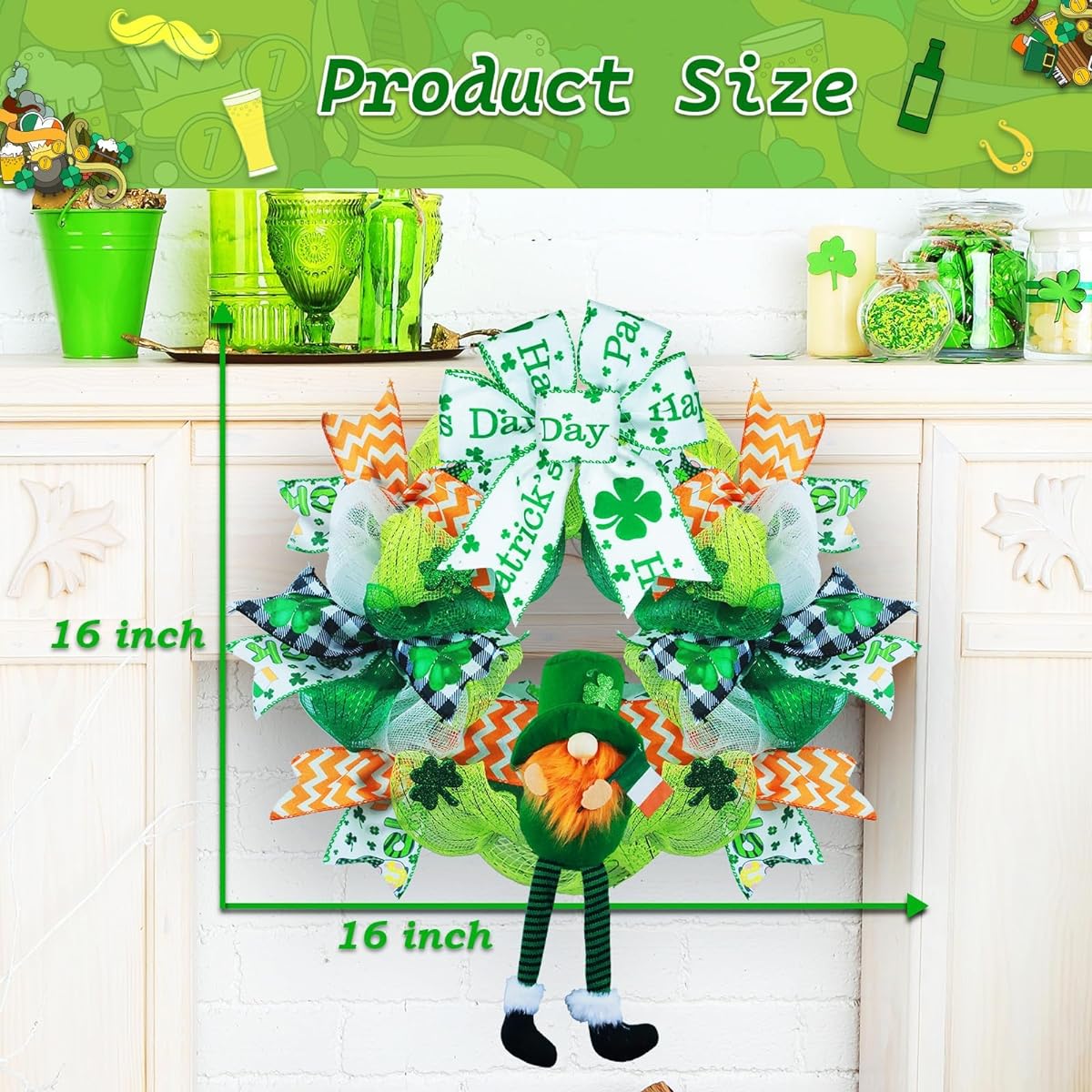 Kenburg St. Patrick's Day Green Shamrock Wreath 14" St. Patrick's Day Decor Spring Clover Artificial Wreath Waterproof Front Door Farmhouse Home Wall Window Fireplace Decor Indoor Outdoor