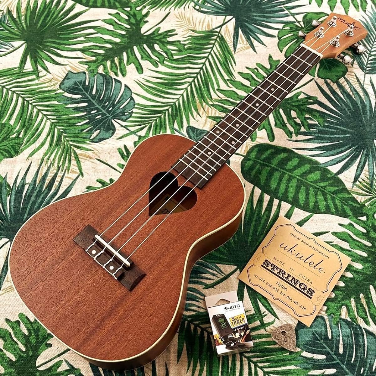 Beginner's set, a mahogany concert ukulele with a cute heart design, a ukulele specialty store