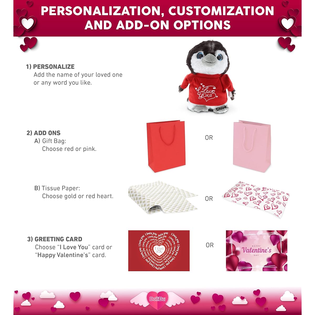 DolliBu Large Grey Penguin I Love You Valentine Plush Toy - Red Message T-Shirt - 9 Inch - Wedding Anniversary Date Night Long Distance Get Well Gift for Her Him Kids - Super Soft Plush Toy