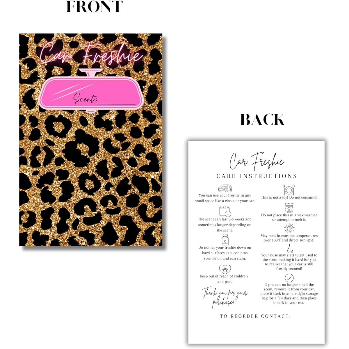 Car Freshie Insert Cards | 50 Pack 4 x 6 Inch Leopard Cheetah Western Fits 5x7 Inch Holographic Bags Fresh Scent Labels Care Instructions Card Stock