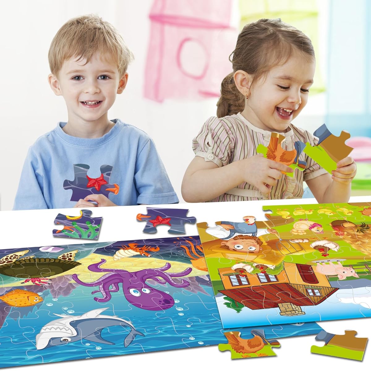 JZMDEDR Jumbo Floor Puzzle for Kids Happy Farm Jigsaw Puzzle 48 Pieces 3-5 Years Preschool Learning Ability Toy Large Floor Puzzle for Toddlers & Kids 4-8 Years (2 x 3 Feet)