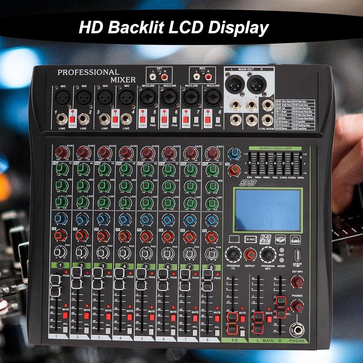 Professional Mixer Sound Board, LCD Display Precise Adjustment Sound Mixer for Stage Performance (US Plug 110V)