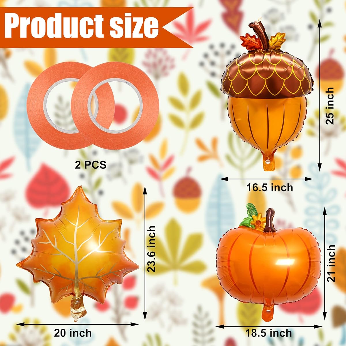 Set of 12 Foil Balloons Thanksgiving Party Balloons Large Pumpkin Leaves Orange Decorative Balloons with Ribbon for Fall Harvest Birthday Party Favors Home Decoration
