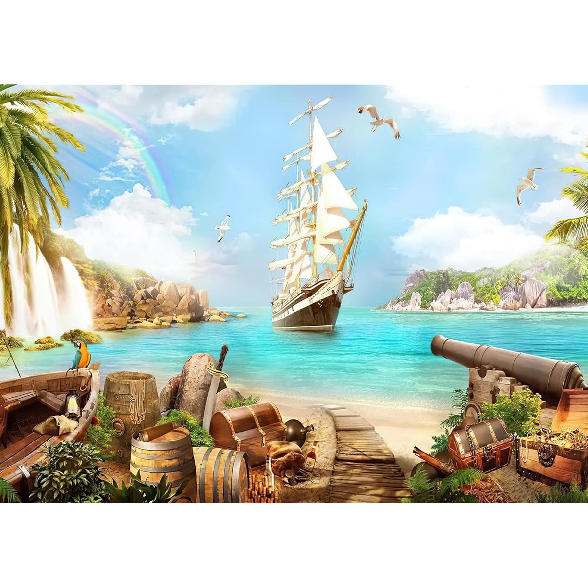 BELECO 10x8ft Fabric Beach Island Pirate Theme Backdrop Pirate Ship Treasure Chest Barrel Parrot Sea Sailing Boat Mountain Waterfall Pirate Backdrop Pirate Theme Party Decoration Photo Props