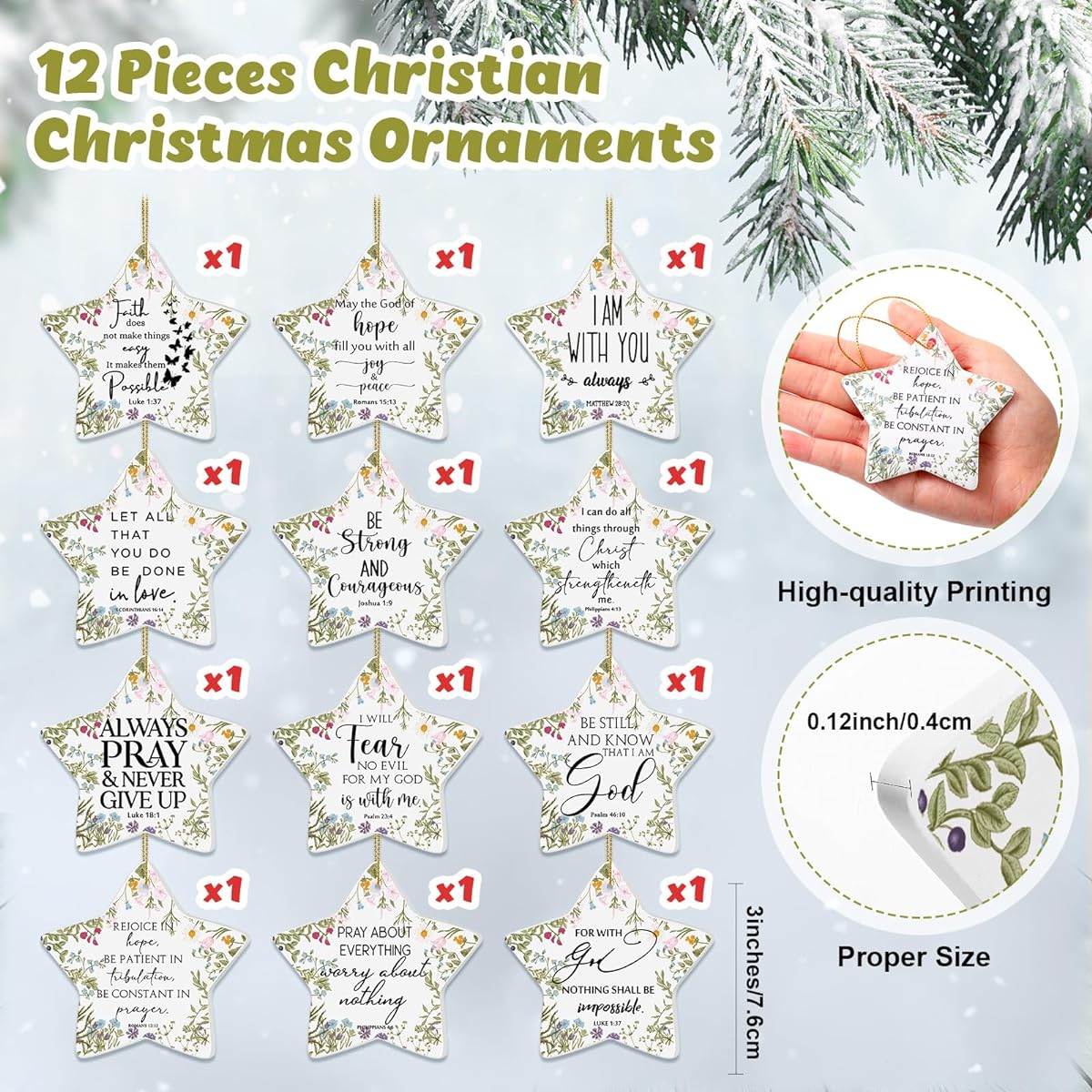 Poen Christmas Ornaments Bible Verse Christian Star Flat Ceramic Ornaments Wildflower Botanical Boho Inspirational Quote Ornaments for Mom Women Teacher Bedroom Decor Hanging Religious Gifts (12 Pieces)