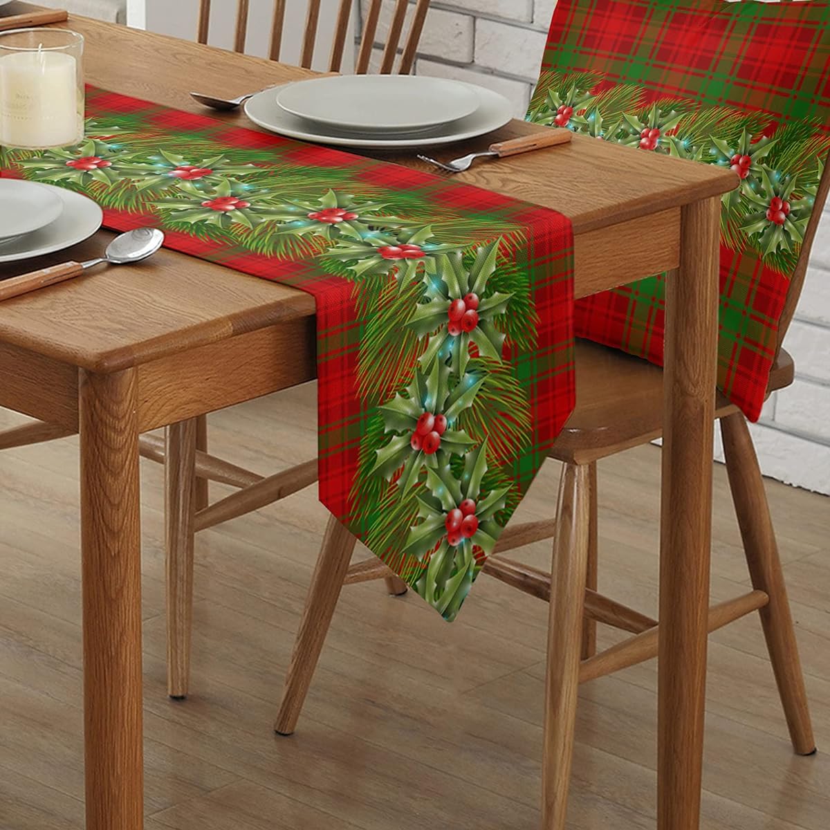 Table Runner 72 Inch Length Christmas Pine Berry Red Green Plaid Anti-Slip Washable Burlap Table Linen for Family Dinner, Outdoor or Indoor Party, Wedding, Gathering Table Decoration