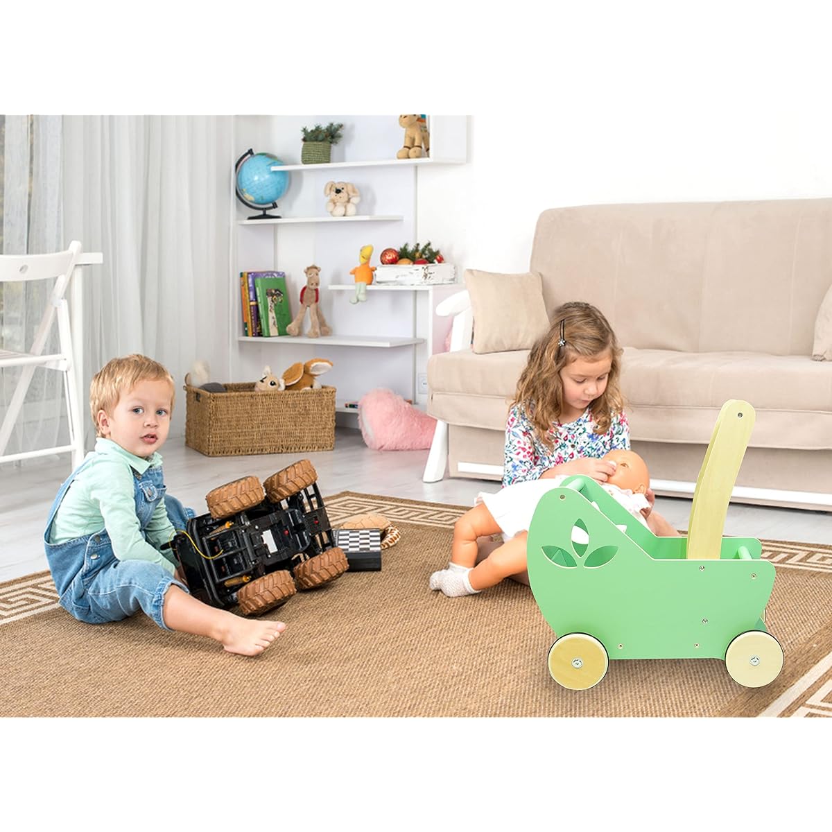 Leonora 2-in-1 Wooden Stroller for Babies - Green Doll Stroller Push & Pull Toy for Boys and Girls - Develops Balance, Strength & Imaginative Play - Ages 12 Months +