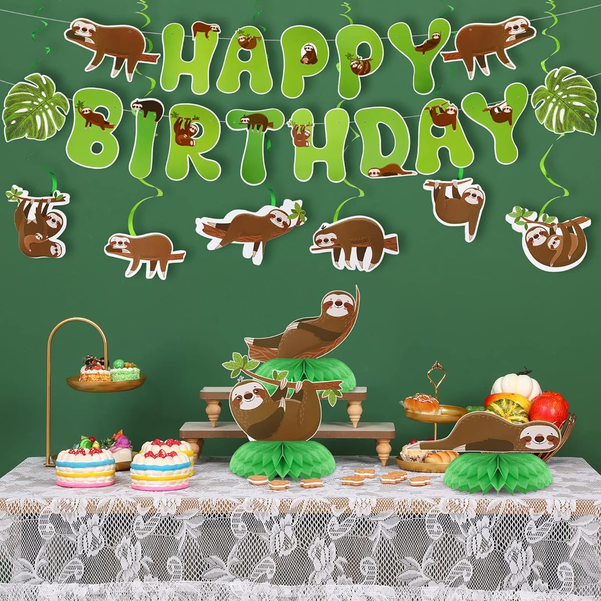 17 Piece Dog Sloth Party Decorations, 2 Birthday Banners, 3 Honeycomb Centerpieces, 6 Hanging Swirls, 6 Hanging Cards, Puppy Sloth Themed Birthday Party Favors (Sloth Style)